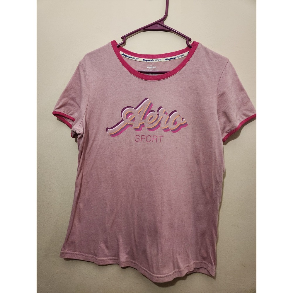 Aeropostale Sport Retro Womens Ringer T-Shirt Pink Graphic Logo Tee Size Large